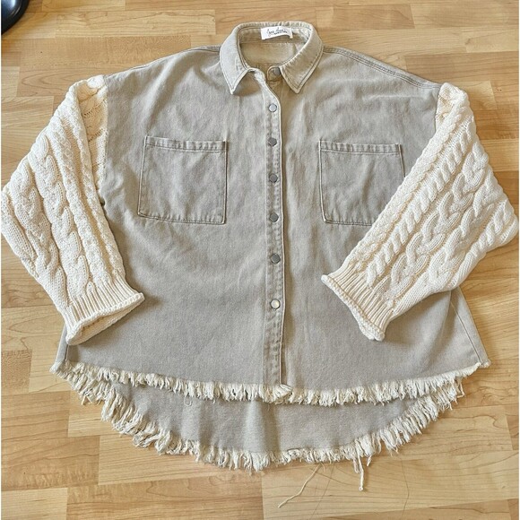 Jena Green By Apricot Lane Cable Knit Sweater Denim Jacket Large 100% Cotton - Picture 7 of 13